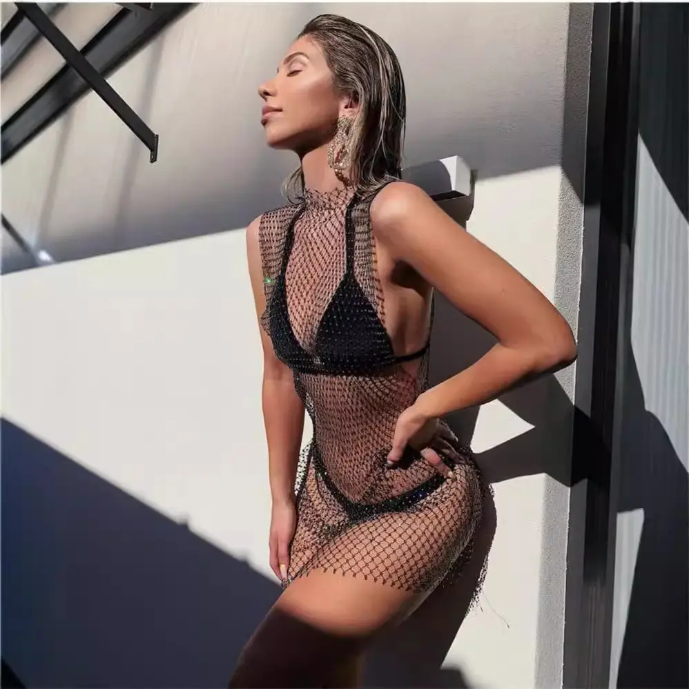 2025 Women's Rhinestone Mesh Fishnet Dress Black - Image 16