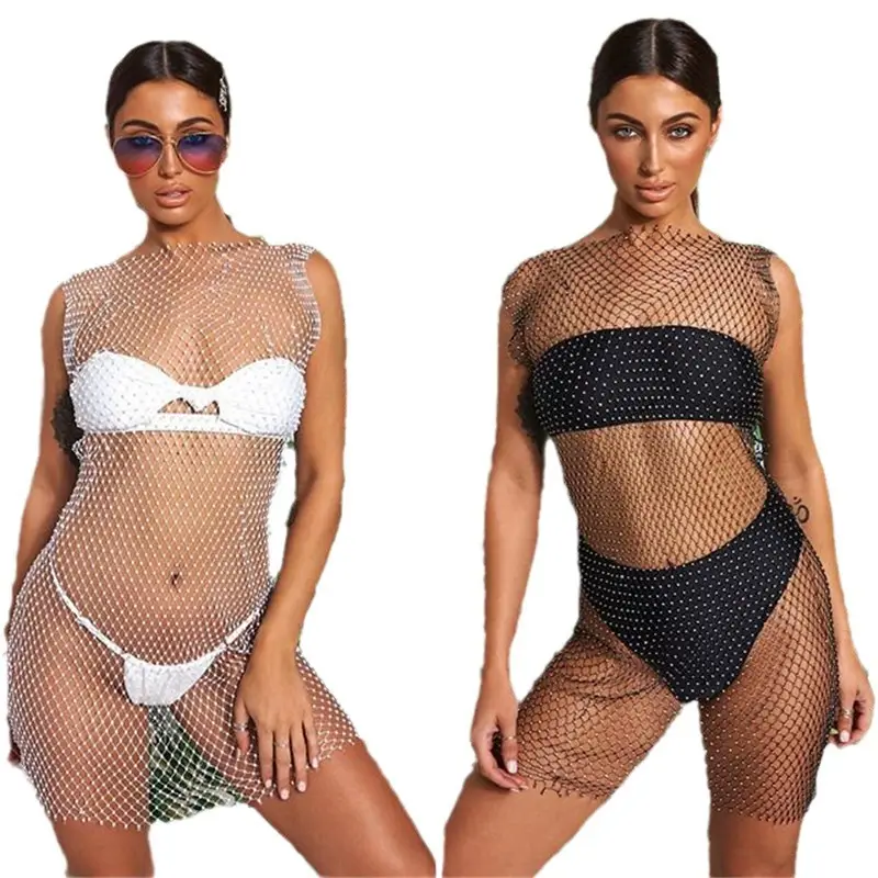 2025 Women's Rhinestone Mesh Fishnet Dress Black - Image 17