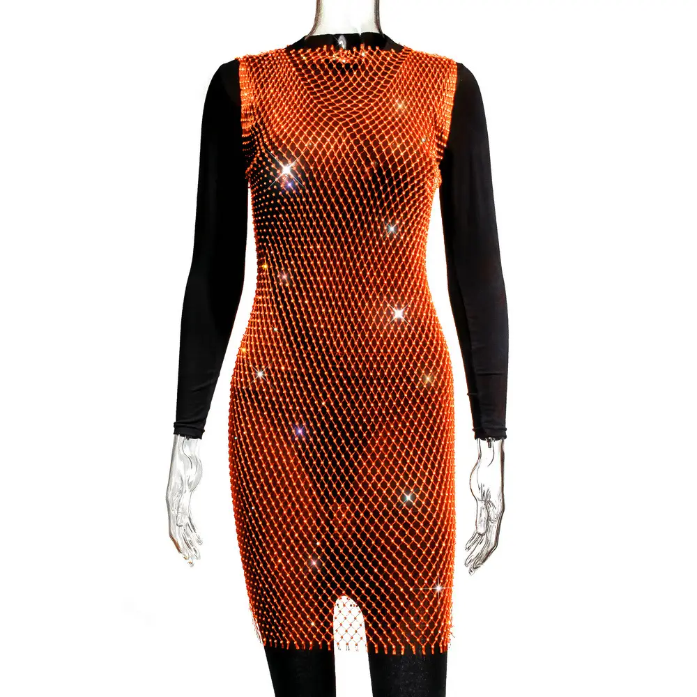 2025 Women's Rhinestone Mesh Fishnet Dress Black - Image 10
