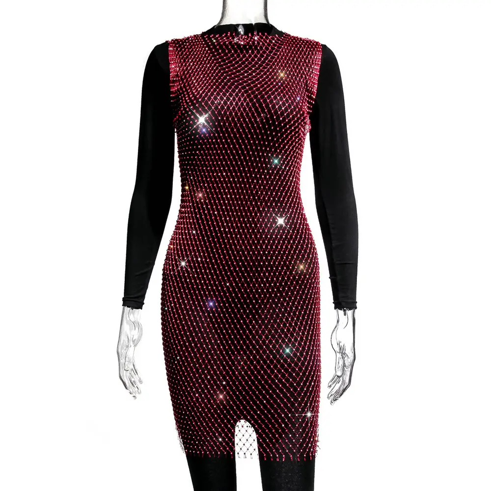2025 Women's Rhinestone Mesh Fishnet Dress Black - Image 12