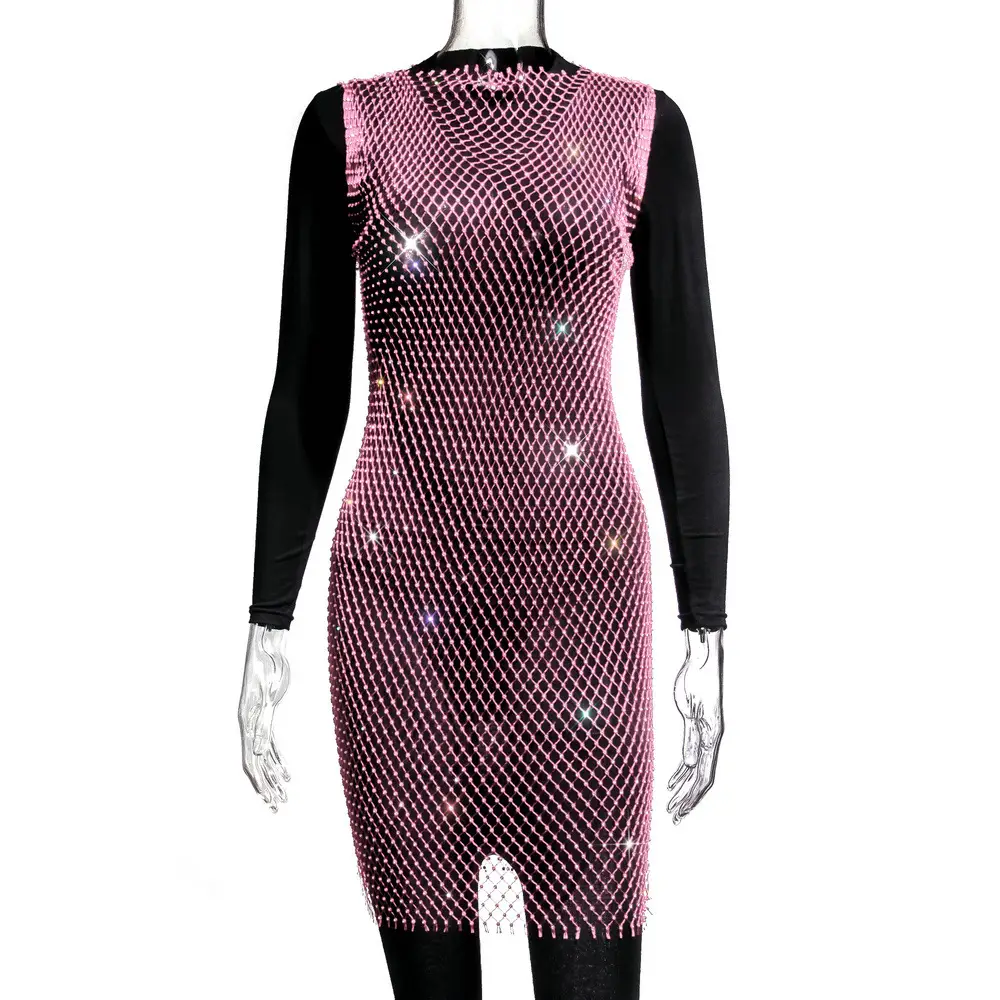 2025 Women's Rhinestone Mesh Fishnet Dress Black - Image 2