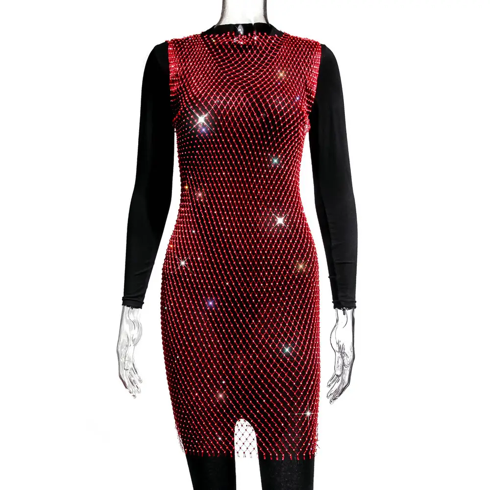 2025 Women's Rhinestone Mesh Fishnet Dress Black - Image 3