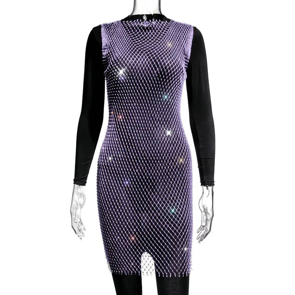 2025 Women's Rhinestone Mesh Fishnet Dress Black - Image 5