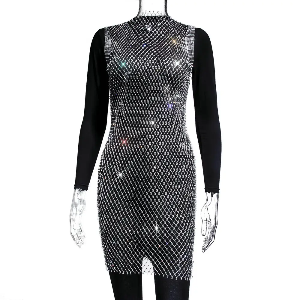 2025 Women's Rhinestone Mesh Fishnet Dress Black - Image 6