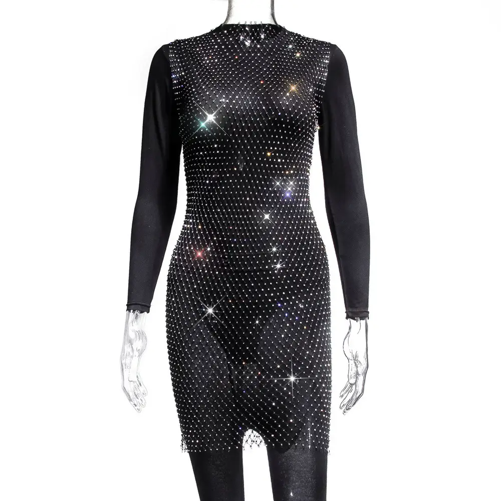 2025 Women's Rhinestone Mesh Fishnet Dress Black - Image 7