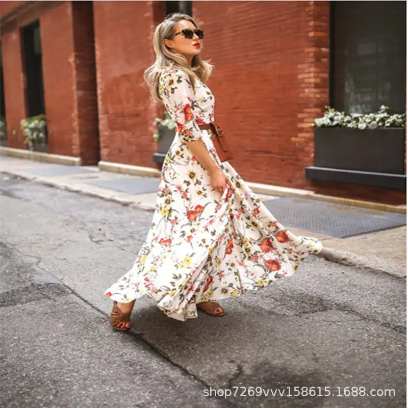 Chiffon Printed Large Hem Dress Blue Floral Cross-Border - Image 9