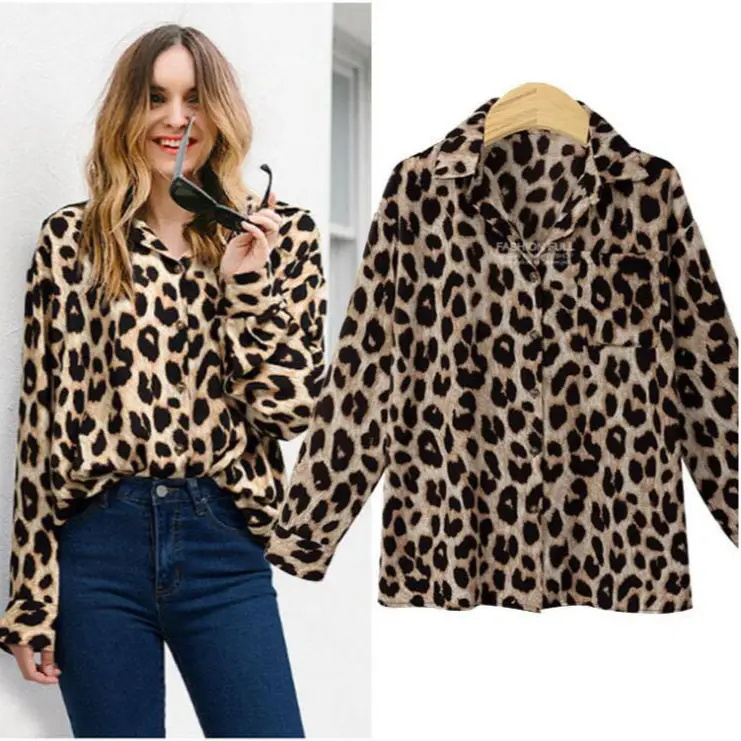 Leopard Print Long Sleeve Women's Polo Collar Shirt - Image 3