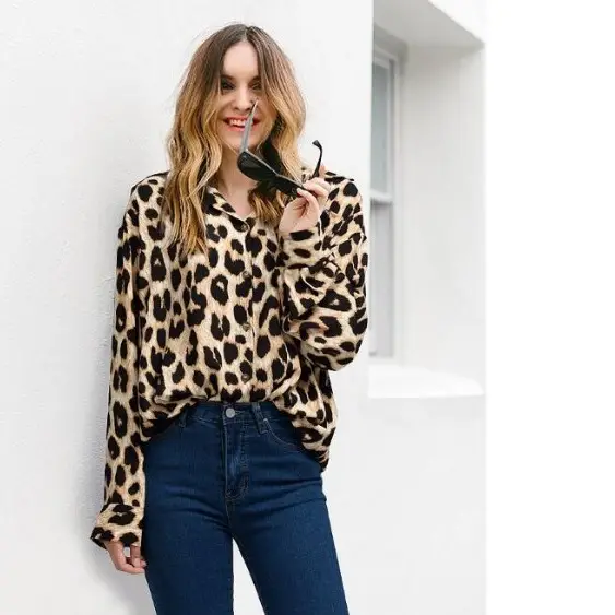 Leopard Print Long Sleeve Women's Polo Collar Shirt - Image 4