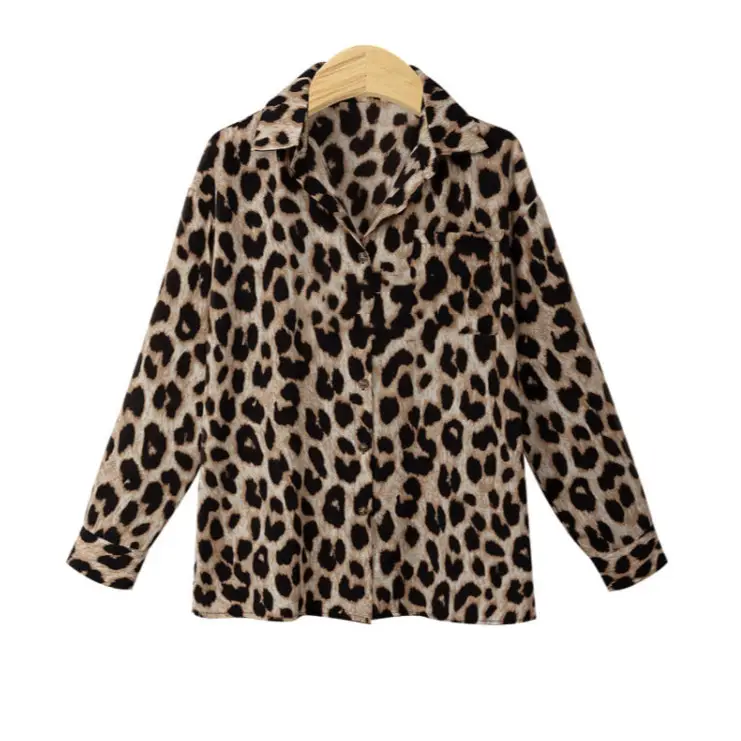 Leopard Print Long Sleeve Women's Polo Collar Shirt - Image 6