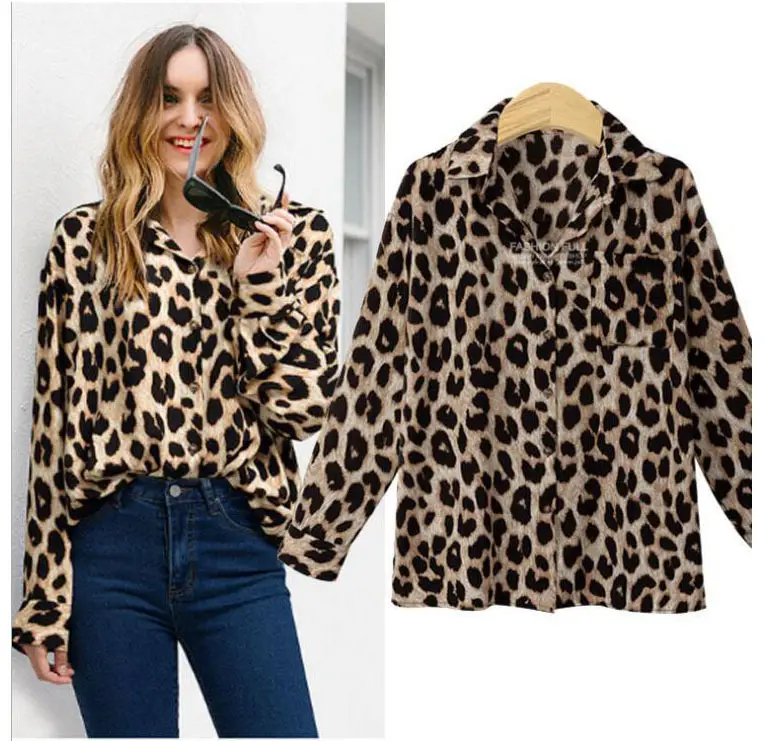 Leopard Print Long Sleeve Women's Polo Collar Shirt - Image 2