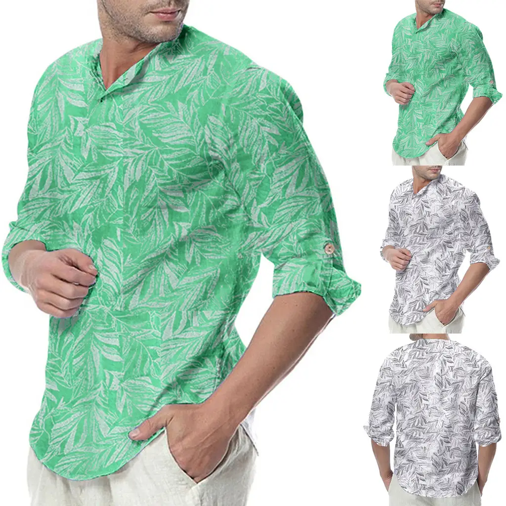 Men Cotton Leaf Print Short Sleeve Shirt White - Image 3