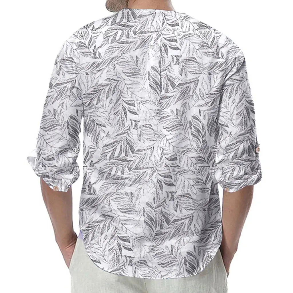 Men Cotton Leaf Print Short Sleeve Shirt White - Image 5