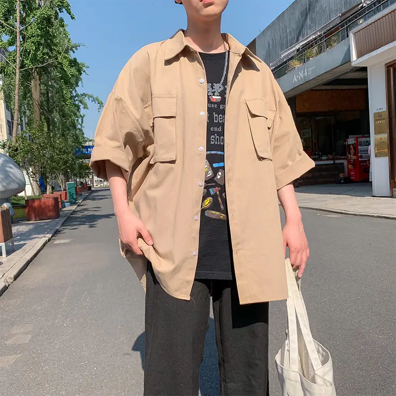 Men's Half-Sleeved Pocket Shirt Grey Korean Style