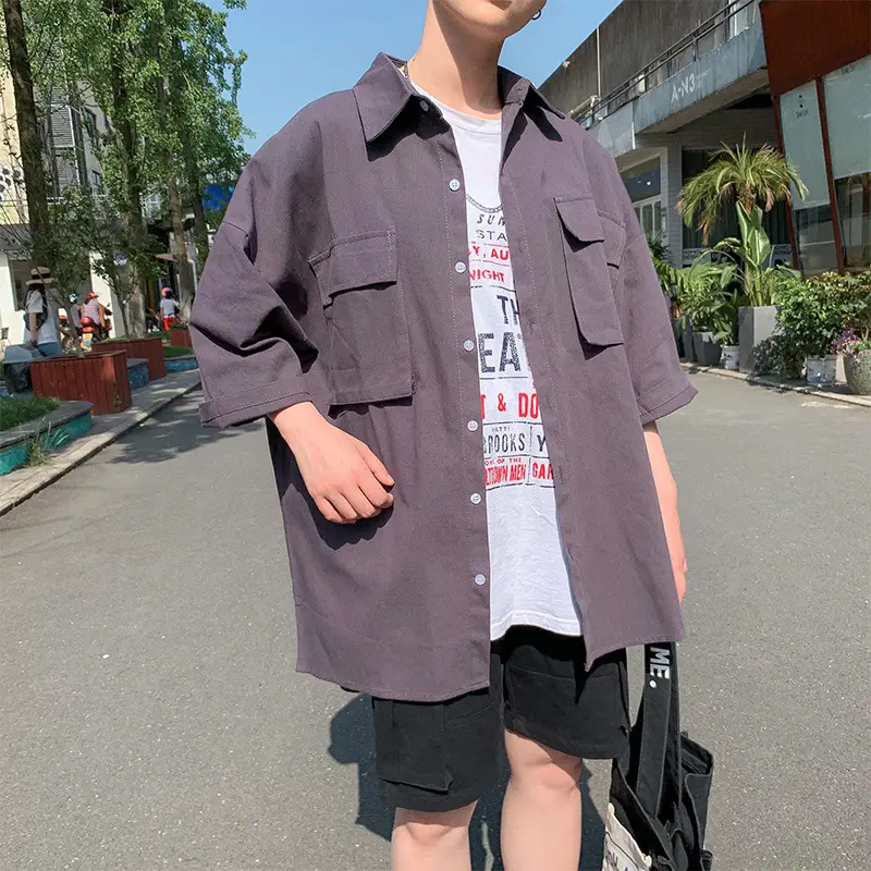 Men's Half-Sleeved Pocket Shirt Grey Korean Style