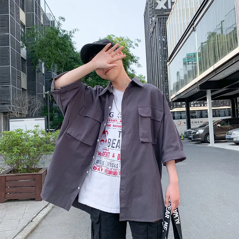 Men's Half-Sleeved Pocket Shirt Grey Korean Style