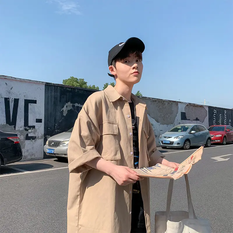 Men's Half-Sleeved Pocket Shirt Grey Korean Style