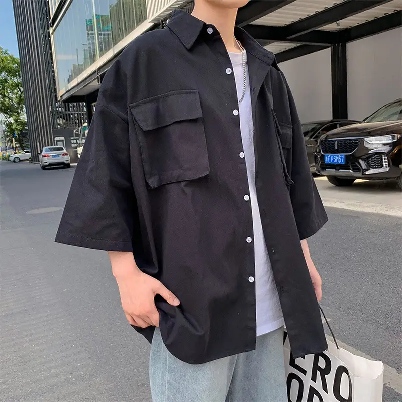 Men's Half-Sleeved Pocket Shirt Grey Korean Style