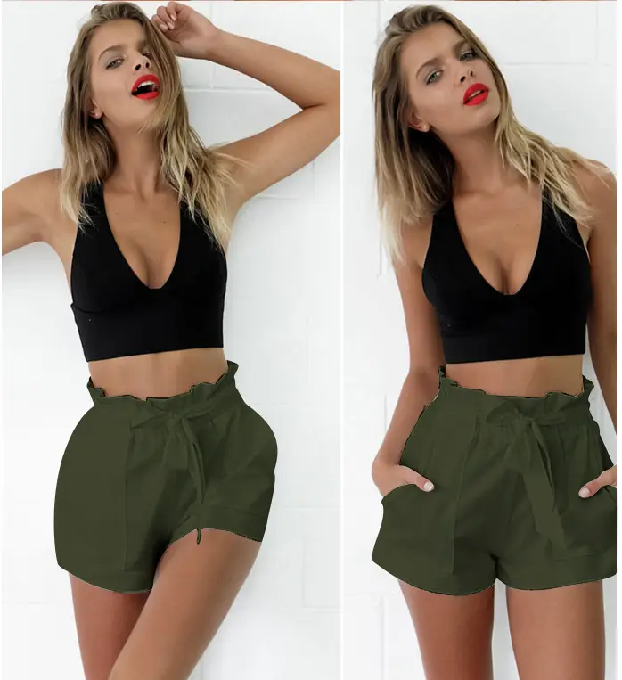 2021 Women's Elastic Waist Casual Shorts Black White - Image 5