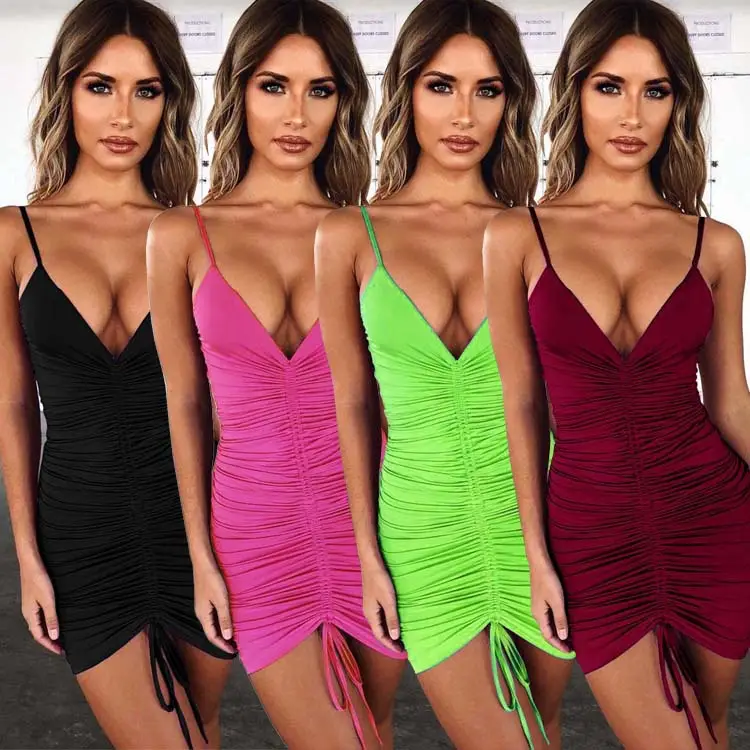 Green Stretchy V-Neck Bodycon Dress with Drawstring Strap - Image 5