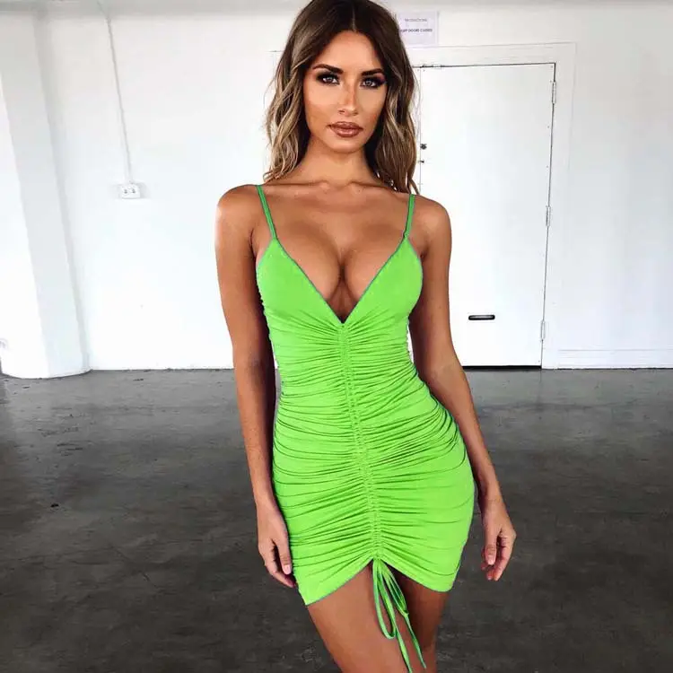 Green Stretchy V-Neck Bodycon Dress with Drawstring Strap - Image 6