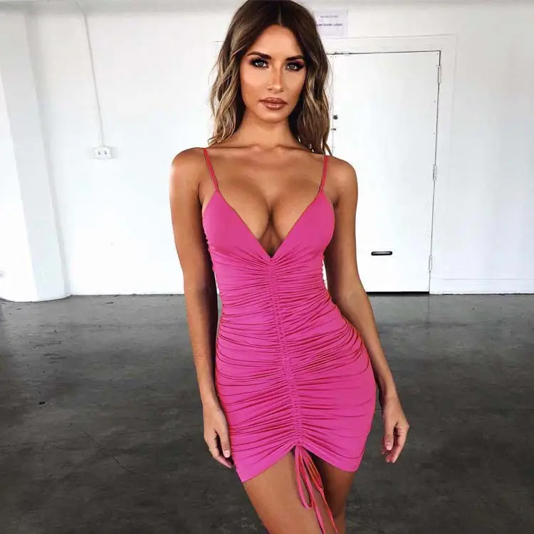 Green Stretchy V-Neck Bodycon Dress with Drawstring Strap - Image 7