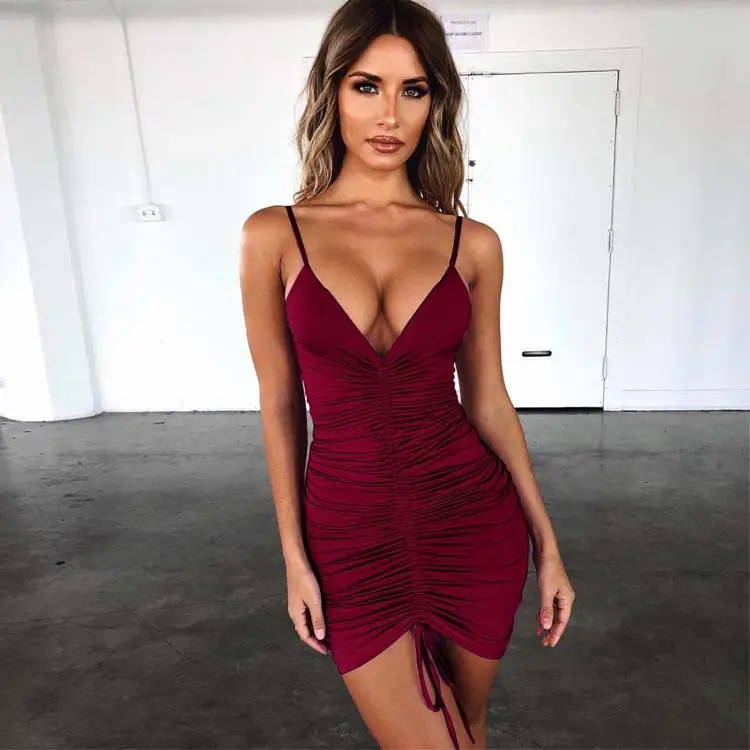 Green Stretchy V-Neck Bodycon Dress with Drawstring Strap - Image 8