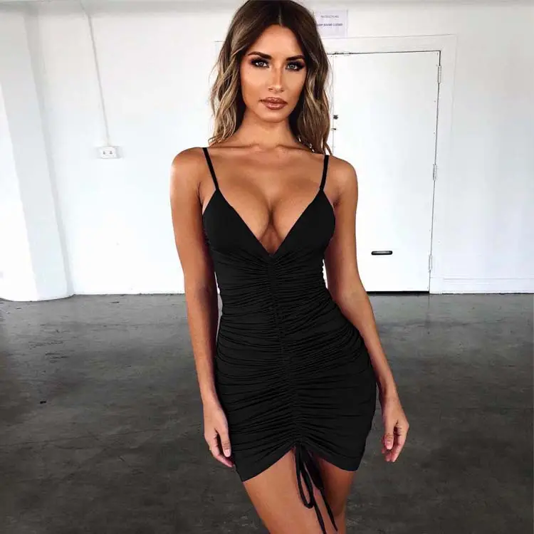 Green Stretchy V-Neck Bodycon Dress with Drawstring Strap - Image 9