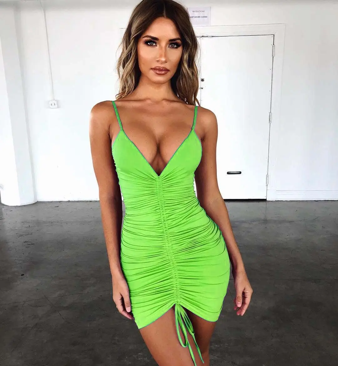 Green Stretchy V-Neck Bodycon Dress with Drawstring Strap - Image 4
