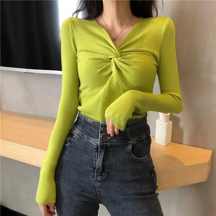 Women Long Sleeve V Neck Sweater Top Maroon Slim Fit