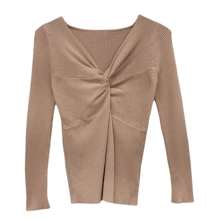 Women Long Sleeve V Neck Sweater Top Maroon Slim Fit