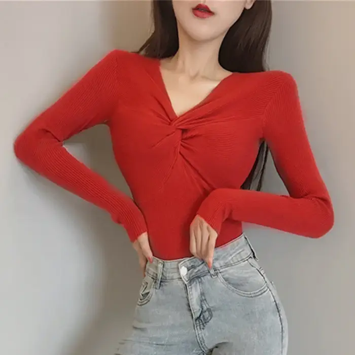 Women Long Sleeve V Neck Sweater Top Maroon Slim Fit