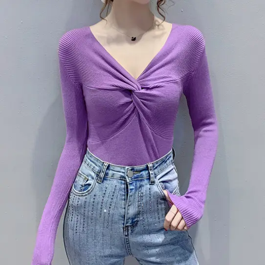 Women Long Sleeve V Neck Sweater Top Maroon Slim Fit