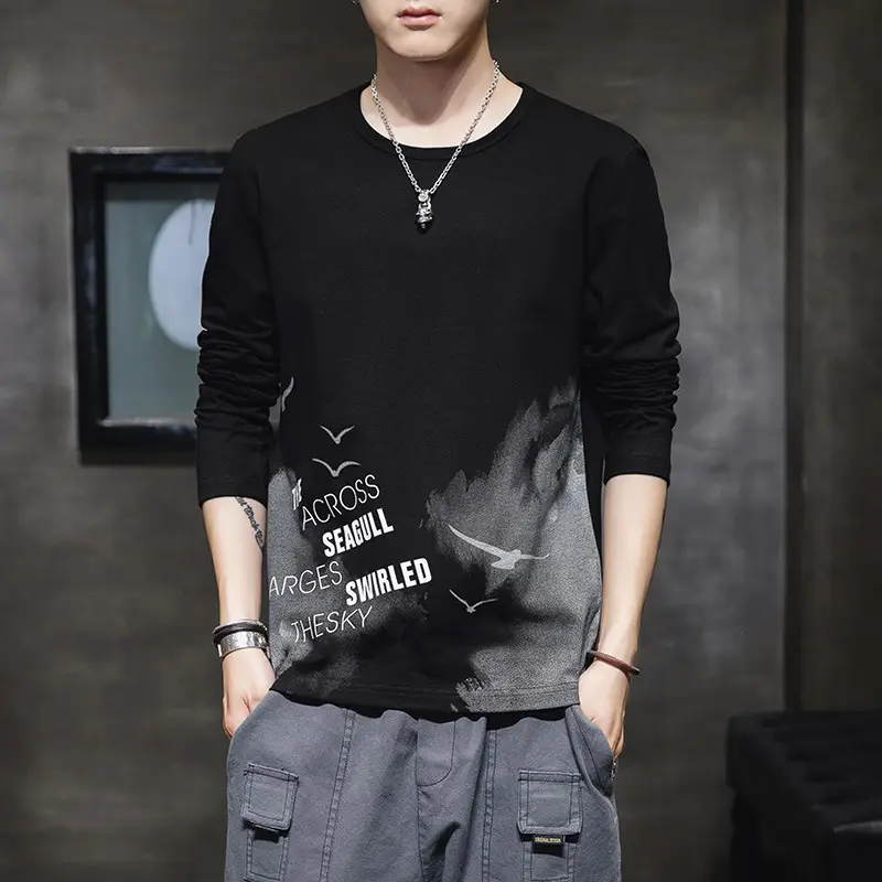 Men's White Printed Long Sleeve T-Shirt Korean Style - Image 5