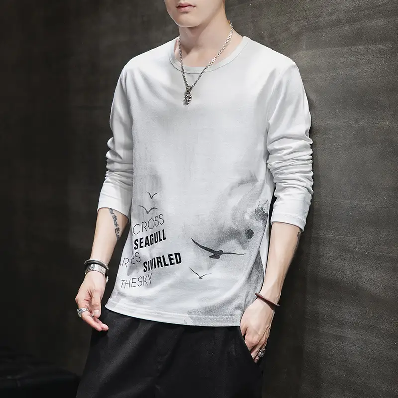 Men's White Printed Long Sleeve T-Shirt Korean Style - Image 6