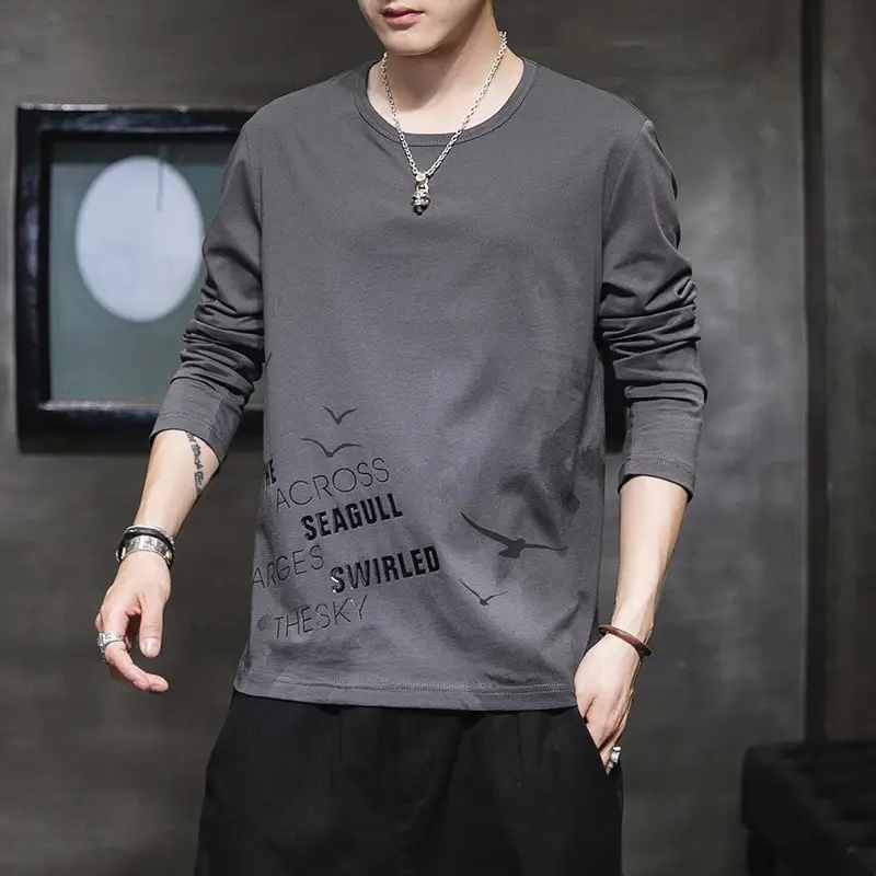 Men's White Printed Long Sleeve T-Shirt Korean Style - Image 7