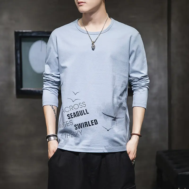 Men's White Printed Long Sleeve T-Shirt Korean Style - Image 8