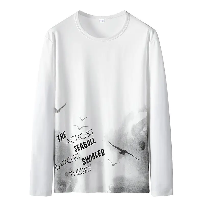 Men's White Printed Long Sleeve T-Shirt Korean Style - Image 9