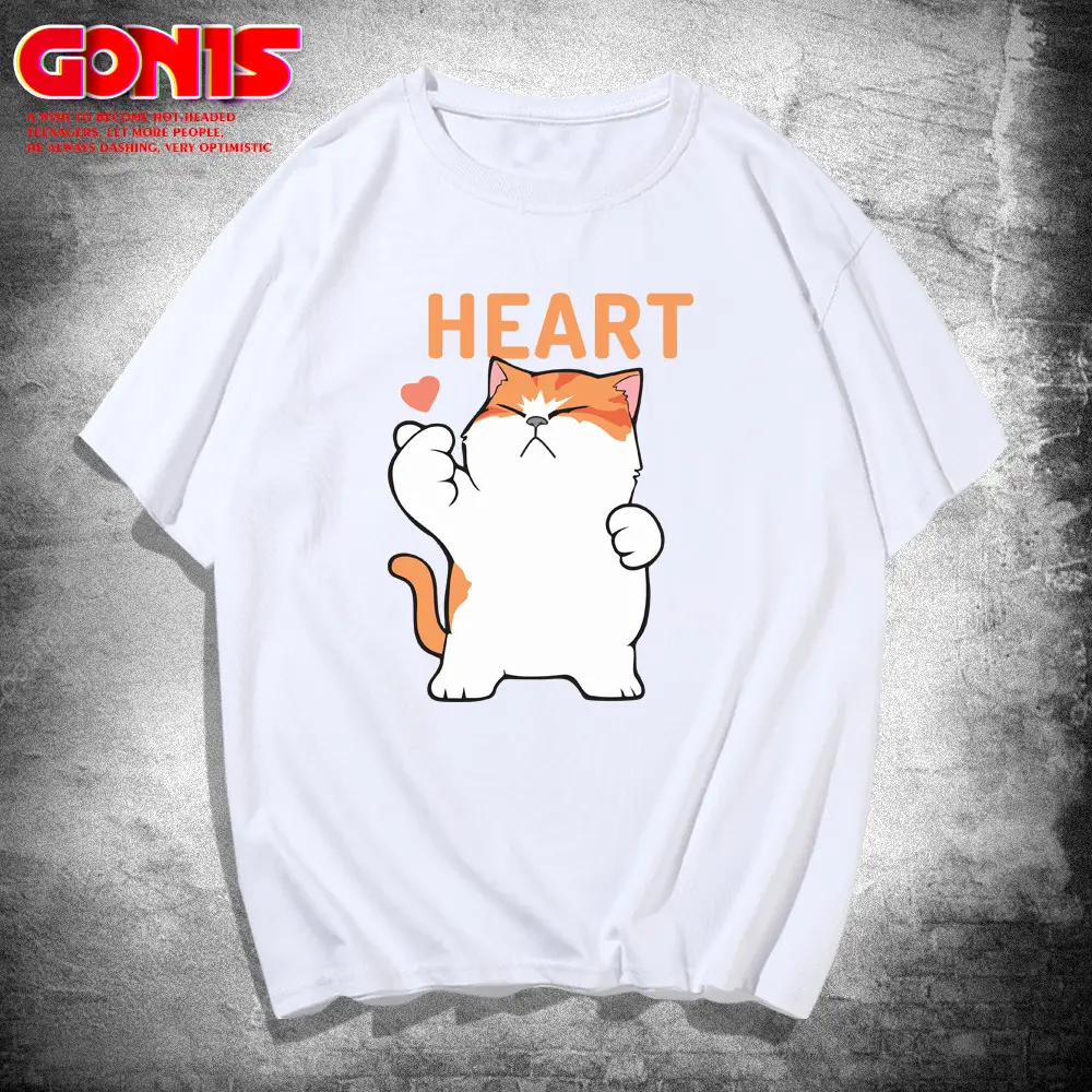 Men Women Cartoon Cat Heart Print T-Shirt Black