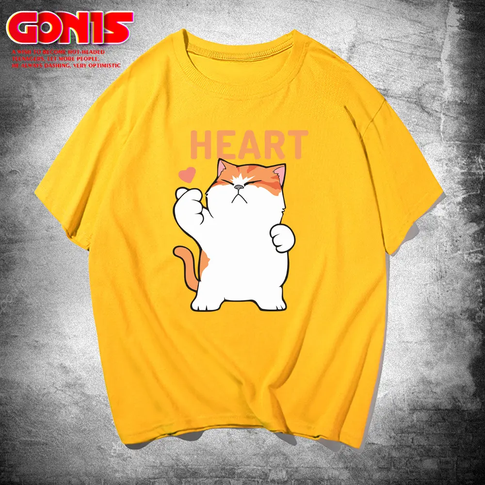 Men Women Cartoon Cat Heart Print T-Shirt Black