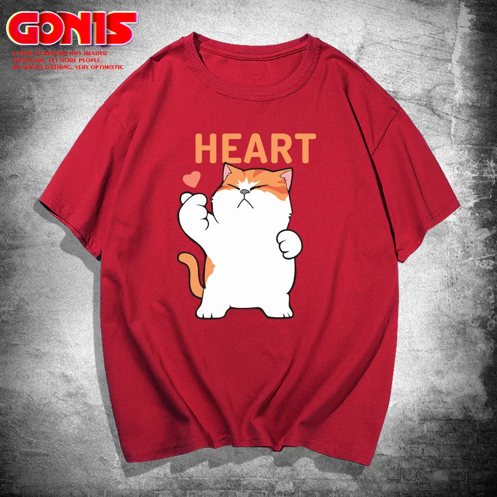 Men Women Cartoon Cat Heart Print T-Shirt Black