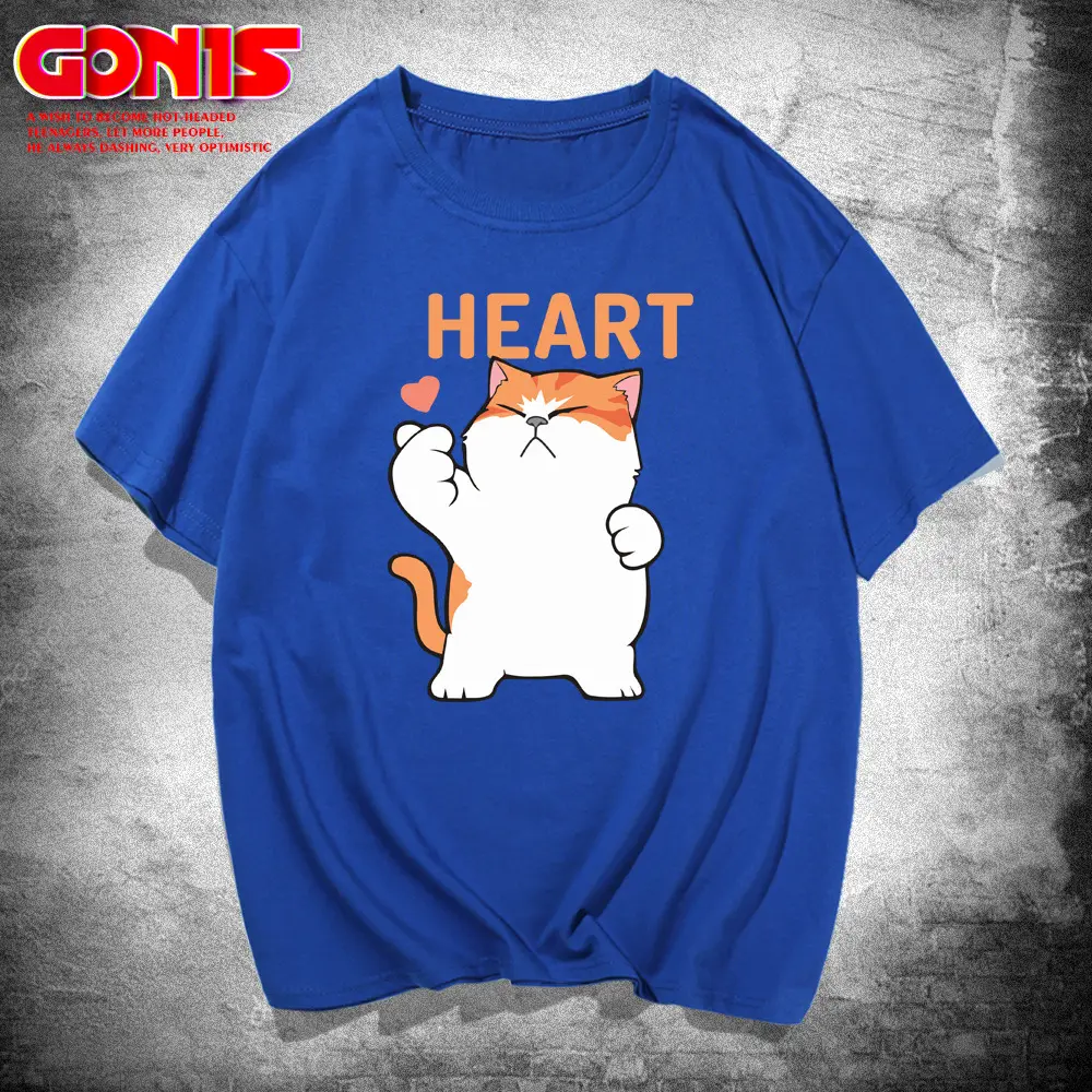Men Women Cartoon Cat Heart Print T-Shirt Black