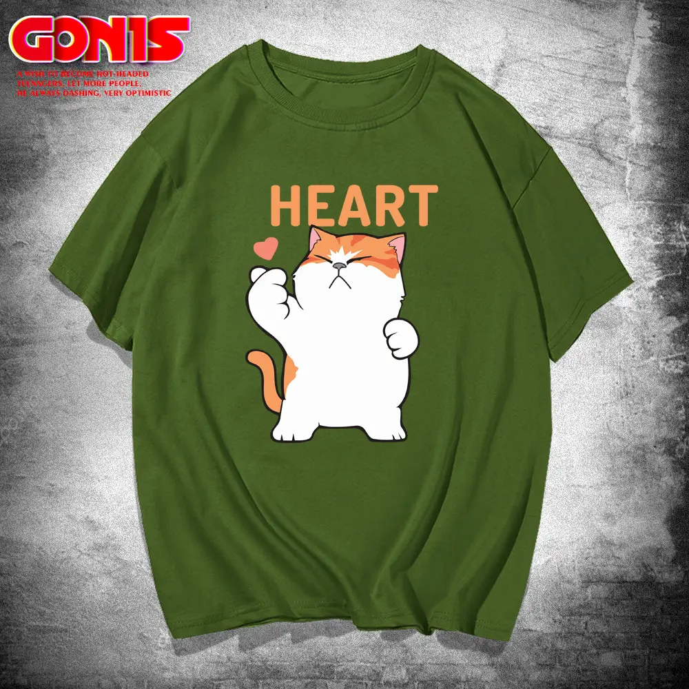 Men Women Cartoon Cat Heart Print T-Shirt Black