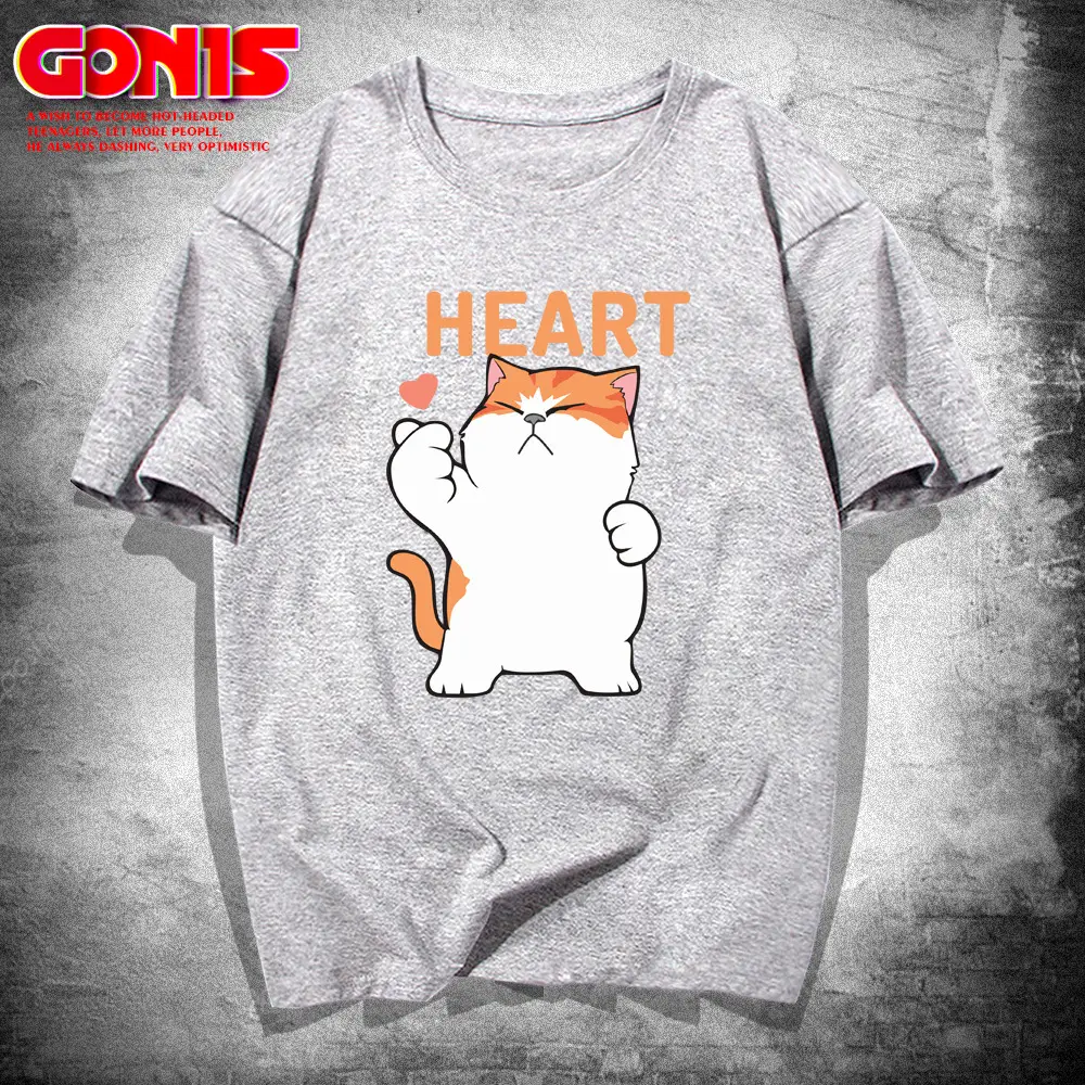 Men Women Cartoon Cat Heart Print T-Shirt Black