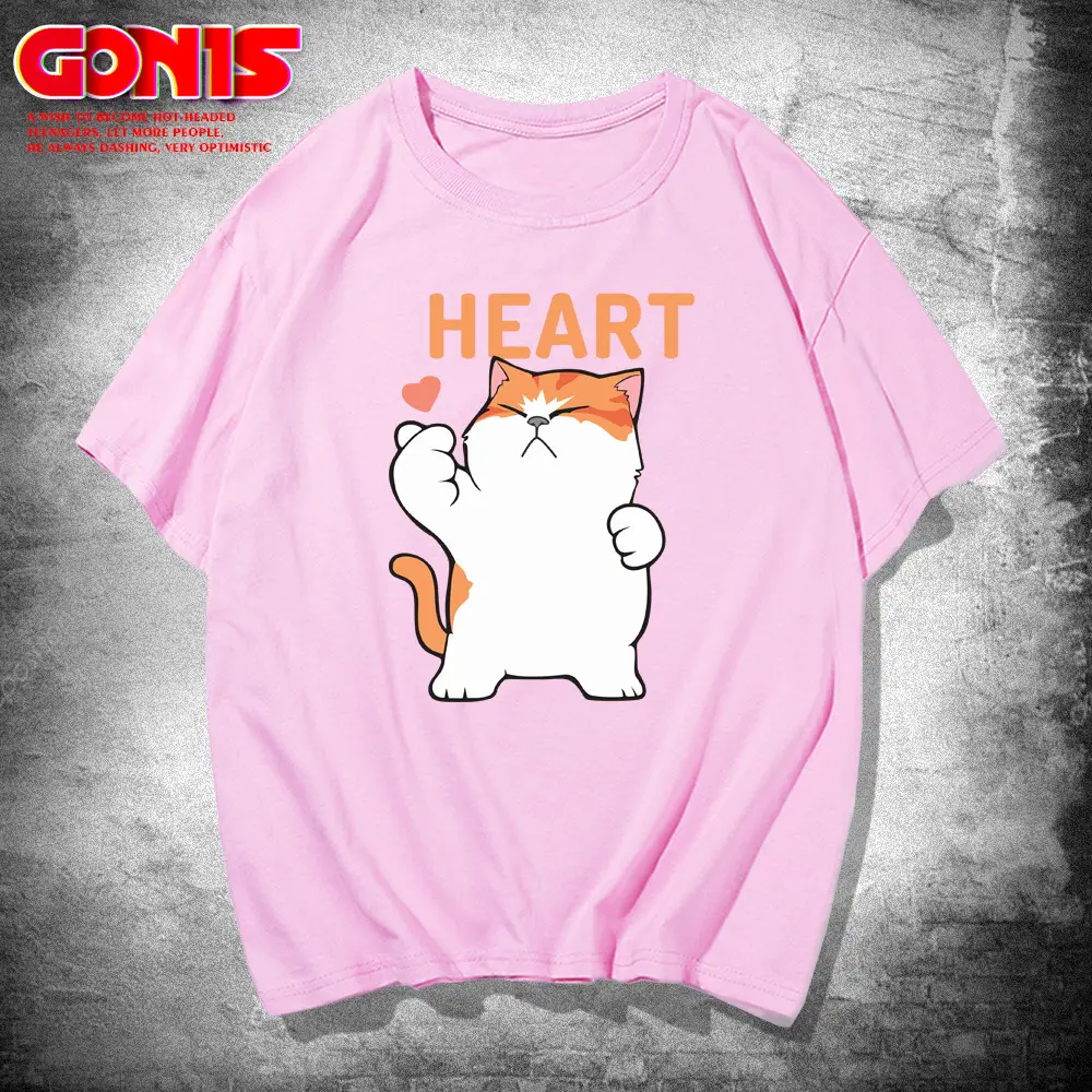Men Women Cartoon Cat Heart Print T-Shirt Black