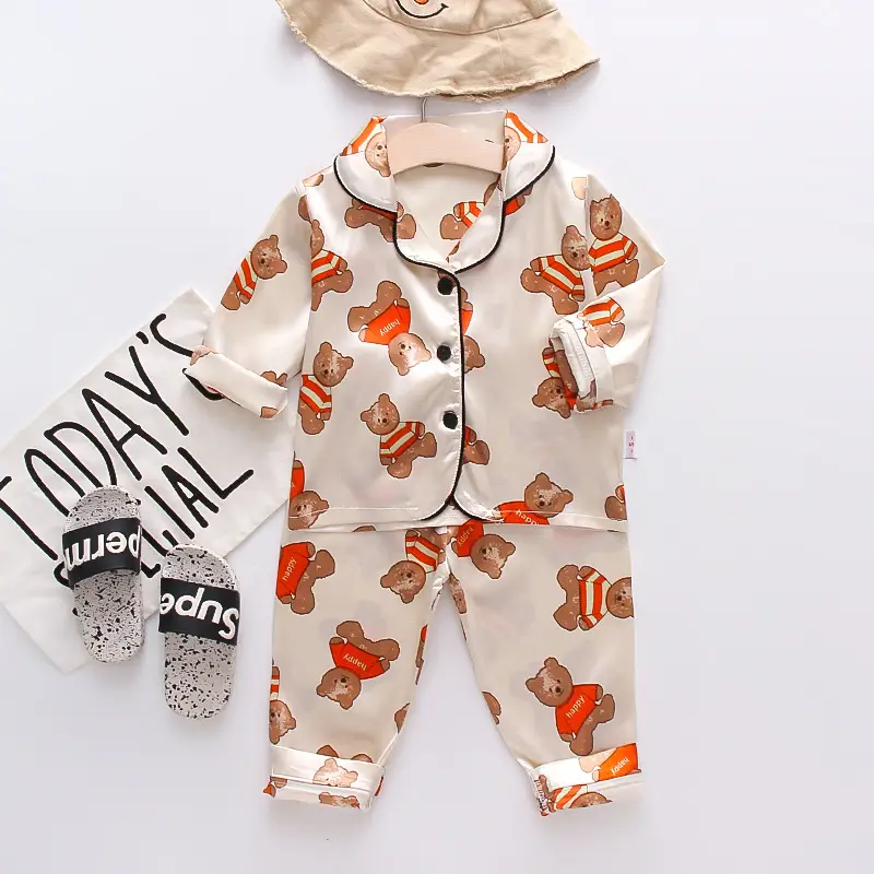 A Set of Satin Fabric Children's Clothing for Boys and Girls, Long-Sleeved Solid Color Pajamas, Home Wear, Parent-Child Matching Outfits, Trendy Style