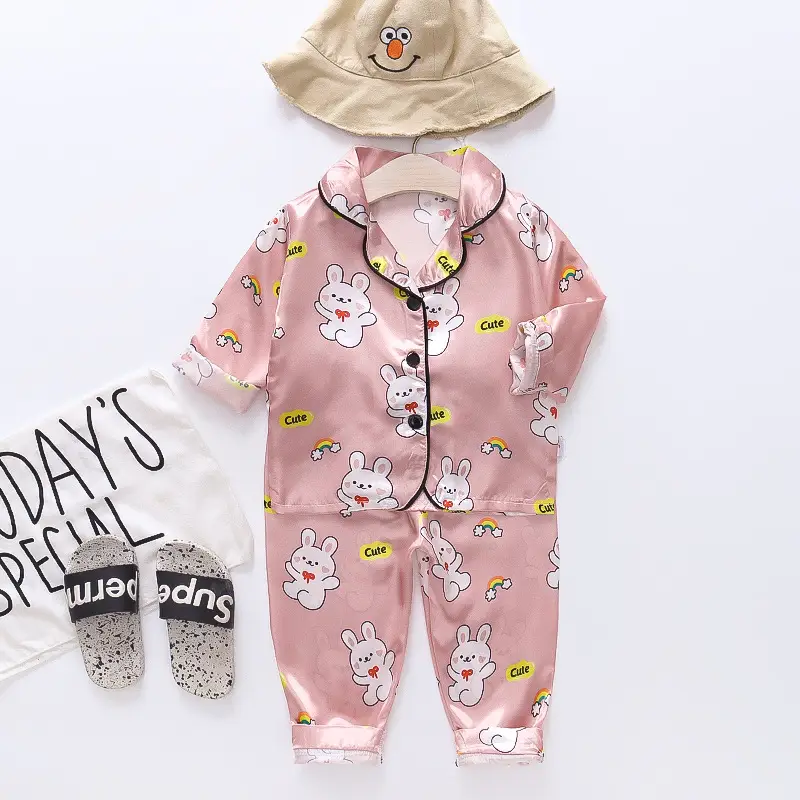 A Set of Satin Fabric Children's Clothing for Boys and Girls, Long-Sleeved Solid Color Pajamas, Home Wear, Parent-Child Matching Outfits, Trendy Style
