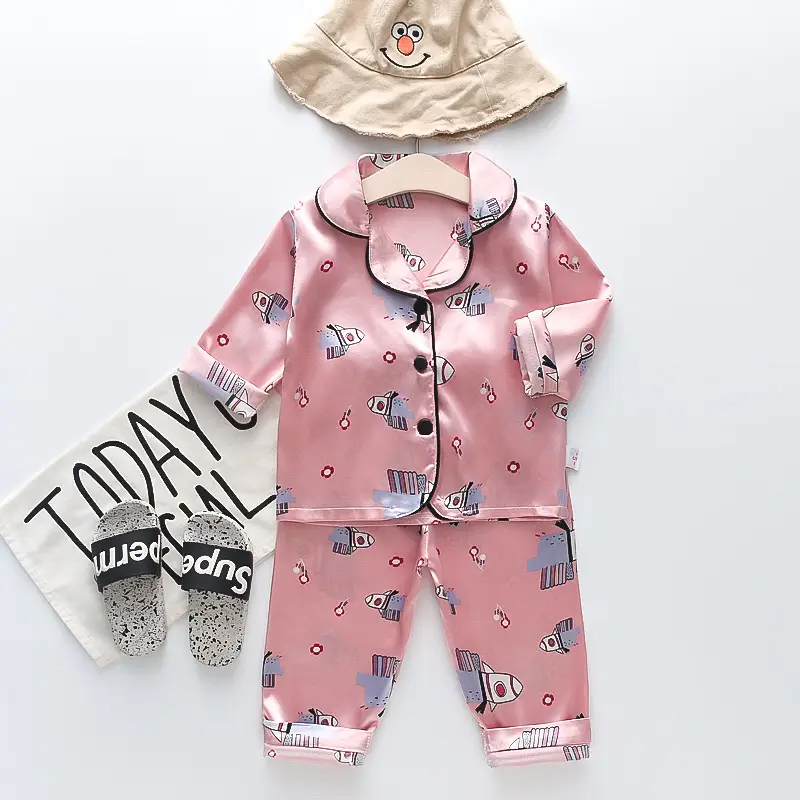 A Set of Satin Fabric Children's Clothing for Boys and Girls, Long-Sleeved Solid Color Pajamas, Home Wear, Parent-Child Matching Outfits, Trendy Style