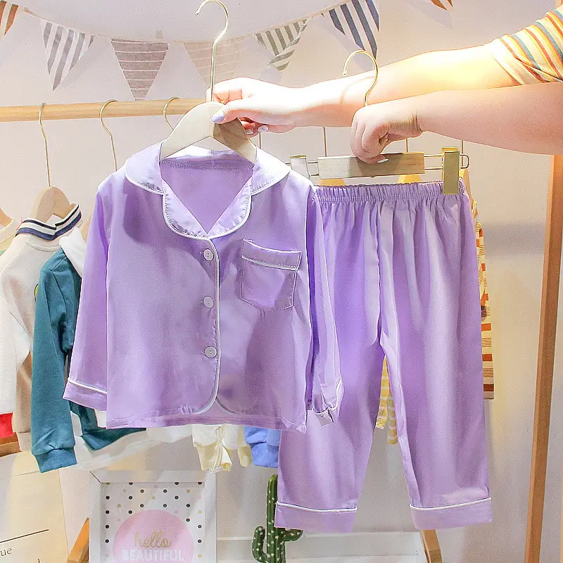 A Set of Satin Fabric Children's Clothing for Boys and Girls, Long-Sleeved Solid Color Pajamas, Home Wear, Parent-Child Matching Outfits, Trendy Style