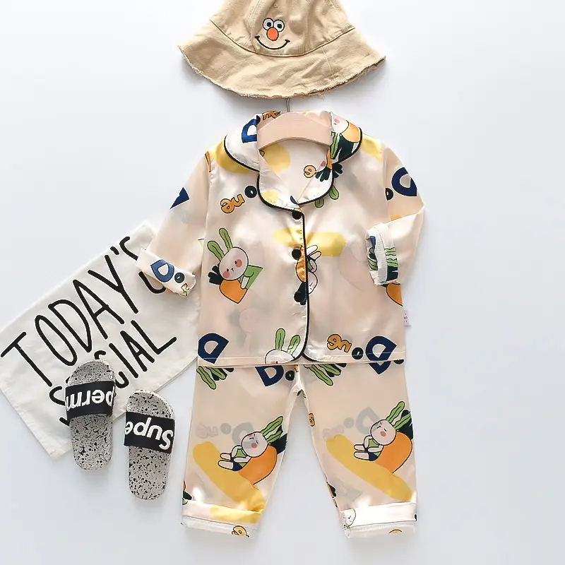 A Set of Satin Fabric Children's Clothing for Boys and Girls, Long-Sleeved Solid Color Pajamas, Home Wear, Parent-Child Matching Outfits, Trendy Style