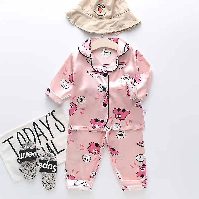 A Set of Satin Fabric Children's Clothing for Boys and Girls, Long-Sleeved Solid Color Pajamas, Home Wear, Parent-Child Matching Outfits, Trendy Style